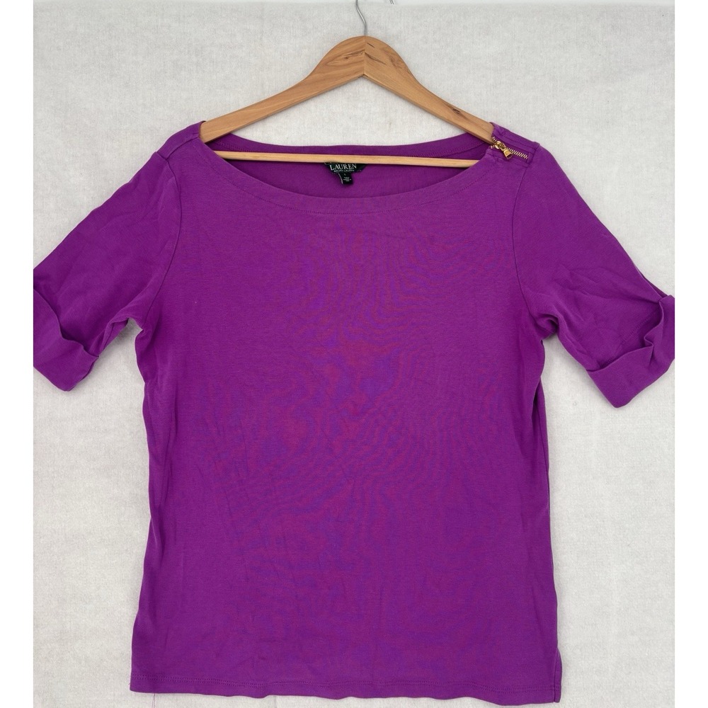 Ralph Lauren Women's L Cotton Rolled Sleeve T-Shirt Sh/SL Purple Zip Shoulder